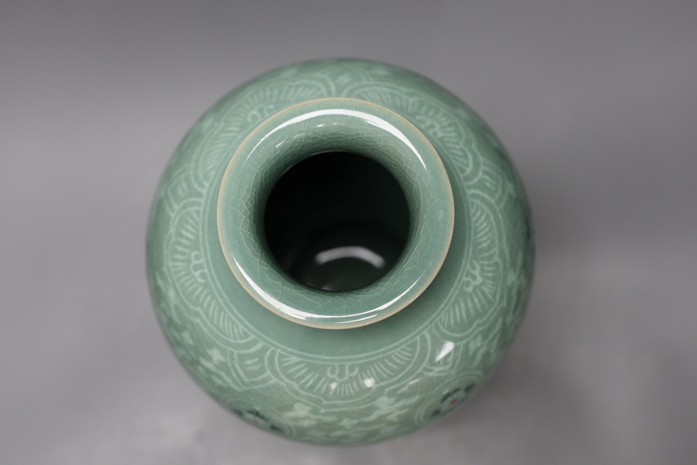 A Korean celadon ground baluster vase, 32cm